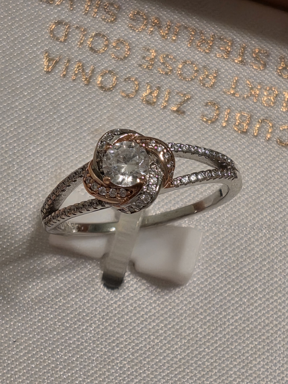 Silver and Rose Gold CZ Accent Ring Size 8
